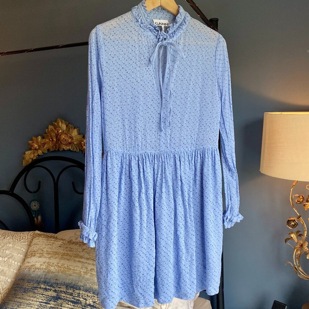 Ganni Blue Floral High Neck Mini Dress